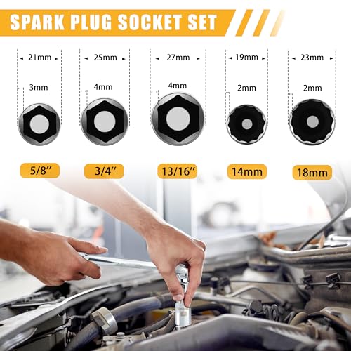 Image of AEROFORCE 3 /8-Inch Drive Spark Plug Socket Set 8PCS | Includes 6 Point Sockets 5 /8-inch, 3 /4-inch and 13 /16-inch, 12 Point Sockets 14mm&18mm, 2 Extension Bars,Universal Joint