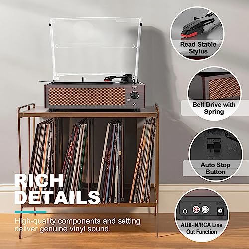 Image of Vinyl Record Player with Speakers Vintage Turntable for Vinyl Records Belt-Driven Turn Table 3-Speed 3 Size Wireless Playback Headphone AUX-in RCA Line LP Vinyls Players Auto Stop Dark Red
