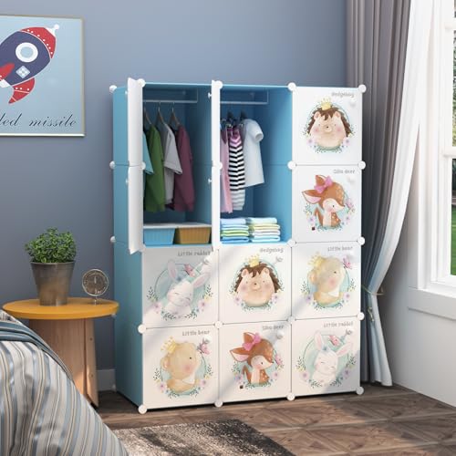 Image of Sunderlook Plastic Wardrobe for Kids Clothes - Collapsible Wardrobe, DIY Foldable Baby Almirah for Clothes, Heavy Duty Freestanding Storage Baby Cupboard for Kids (Blue-KTC1, 12 Door)