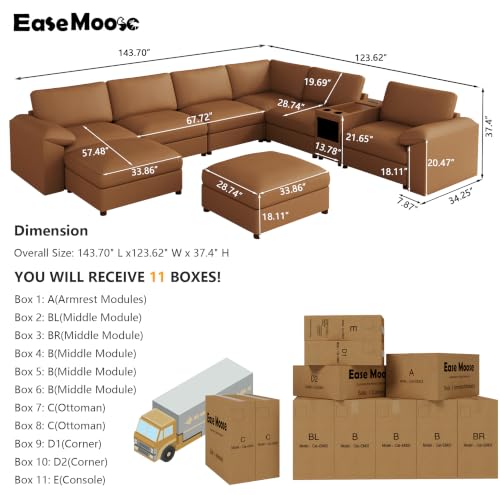 Image of EASE MOOSE Faux Leather Sectional Couch, Oversized Modular Sofa, Modern Comfy Modular Couch, Scratch Resistant Material Sofas, U Shaped Couch for Big Spaces,Brown
