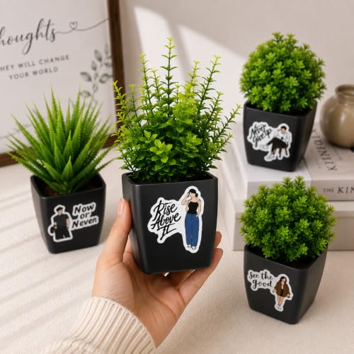Image of Artificial Plants with Motivational Quote Pots Set of 5 | Mini Fake Plants for Home Decor | Indoor Office Desk Table Decor | Decorative Plastic Planters for Living Room, Bedroom, Balcony & Gift Items