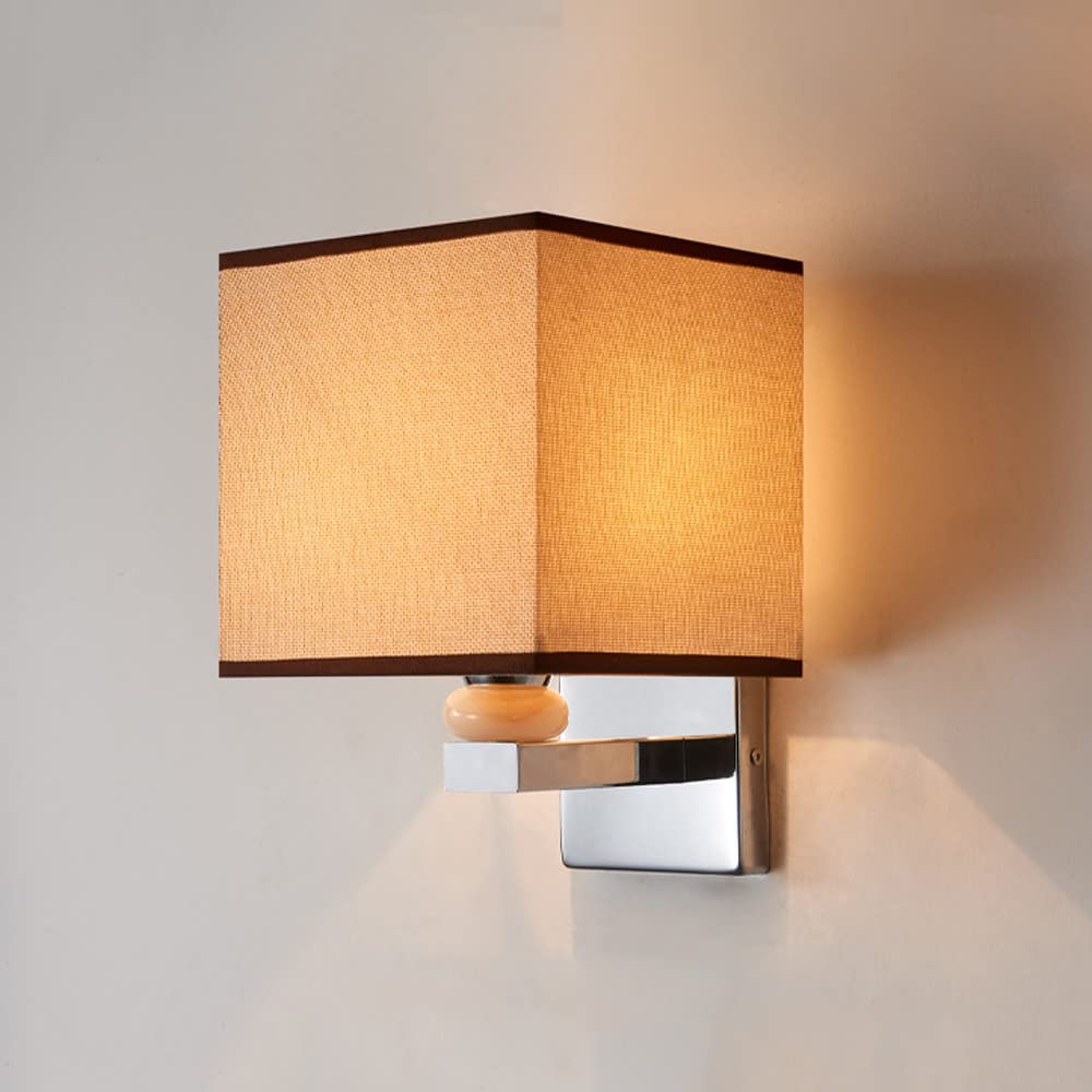 SXECAEPS Classic Single Wall Sconce Lighting Fixture Square Textile Lamp Shade, Antique Chrome Mount Reading Light, Fabric Hardwired Sconces for Living Room Bedroom Bedside