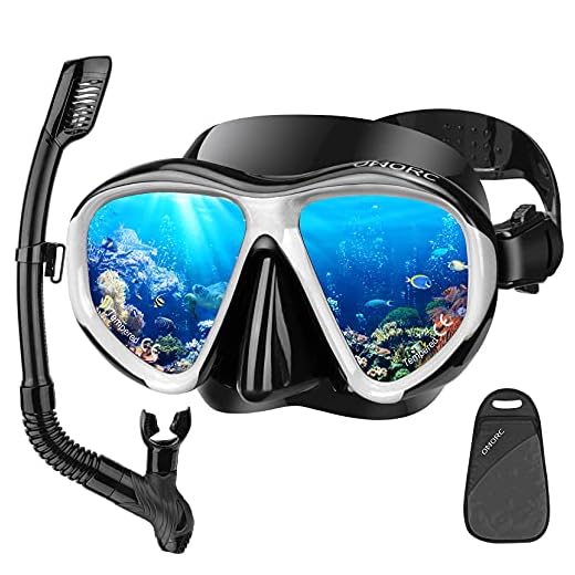 OMORC Adult Snorkel Set,Anti Leak Snorkel Gear for Women and Men,Anti-Fog Impact Resistant Panoramic Tempered Glass Snorkeling Set,Free Breathing&Easy Adjustable Strap Snorkel Set,Package Included