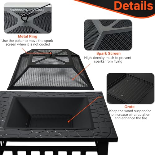 32 Inch Fire Pit Table with Fire Poker & Spark Screen, Outdoor Burning Fire Pits, 3 in 1 Metal Square Firepit Stove for Outside Heating, Bonfire Party, Camping, Patio, Garden - Image 5