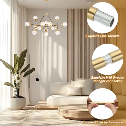 Image of PATIKIL Threaded Extension Rod, 5 Sets 11.8 inch M10 x 1mm Fine Thread Lamp Pipe with Lamp Pipe Nipples for Pendant Light Island Lighting Chandeliers Stems, Brass Tone