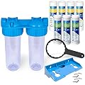 Dual Whole House Water Filter System, Transparent Standard Housings, Presser Relief Valve, 3/4” Inlet/Outlet Brass Port, Yearly supply of Sediment & Carbon Cartridges Meets NSF Standards & Regulations