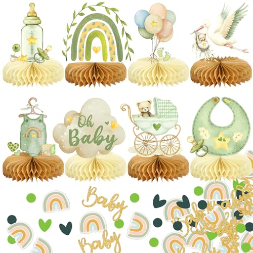 Image of 8Pcs Bear Baby Shower Decorations Honeycomb Centerpieces for Boy, Confetti Baby Shower Table Decorations Birthday Party Table Centerpieces Toppers Party Decor (Green)