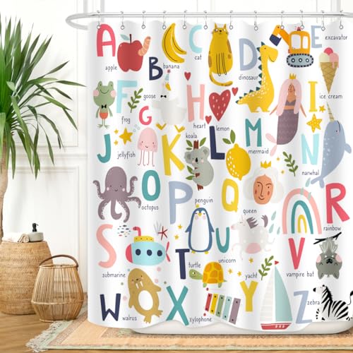 Image of Alphabet Shower Curtain Kids ABC Educational Learning Tool Baby Cartoon Animals Girls Boys Colorful Bathroom Decor Waterproof Fabric 72Lx60W Inch with Hooks