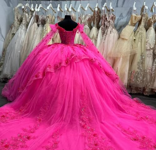 Glitter Beaded Quinceanera Dresses with Cape Princess Flowers XV Dress Puffy Ball Gown with Train YU0153