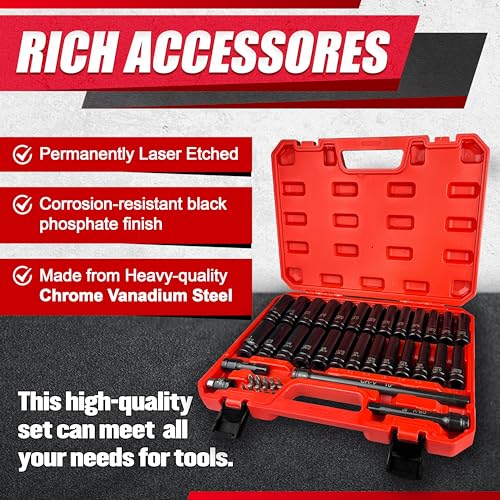 1/2" Drive Impact Socket Set, SAE and Metric, Cr-V Steel, 6 Point Deep & Shallow Sockets (40pcs 1/2" Socket Set)