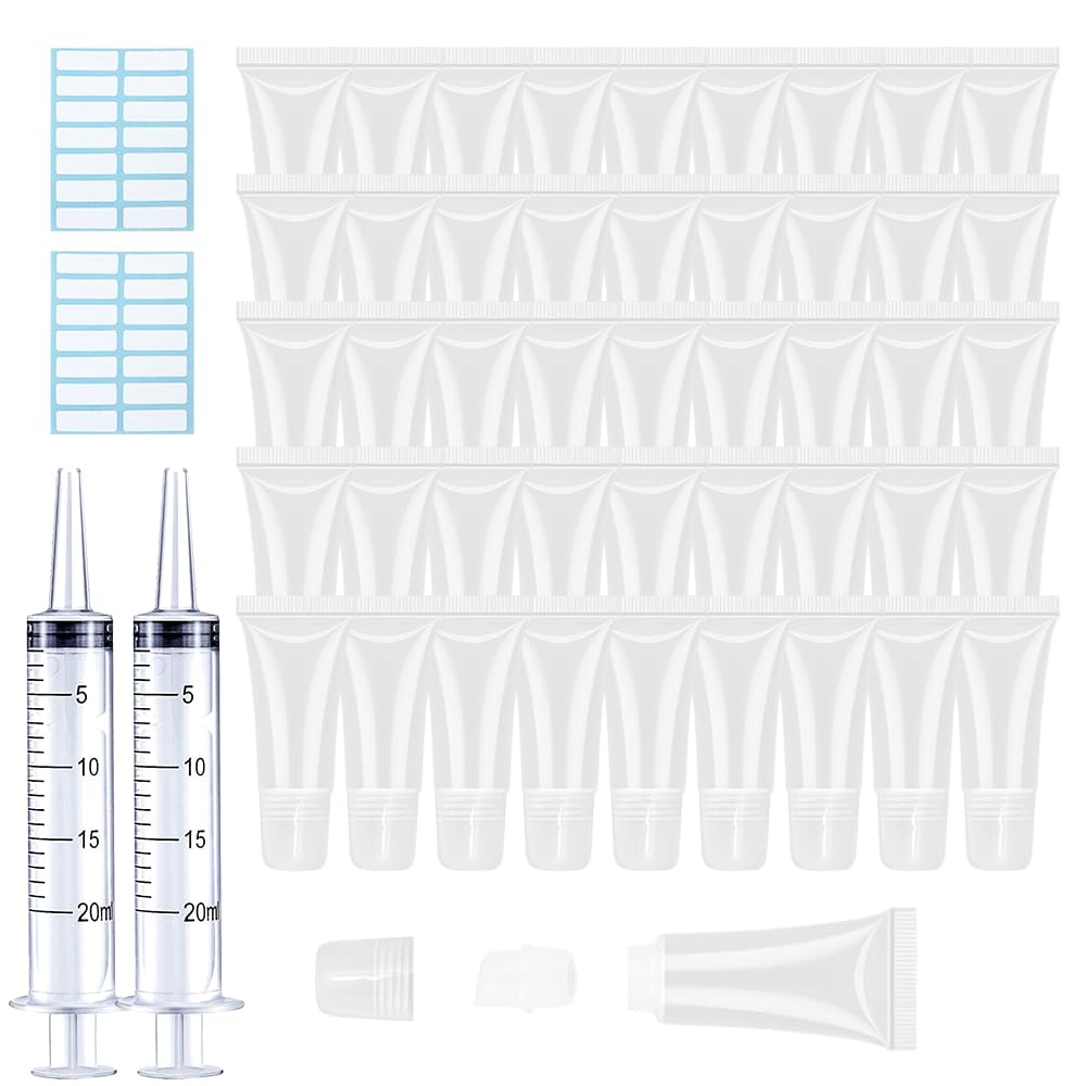 AMORIX 50PCS 5ml Lip Gloss Tubes Cute Cosmetic Tubes Empty Soft Refillable Lip Balm Containers for Women Girls Cosmetic Sample DIY with Syringes + Tag