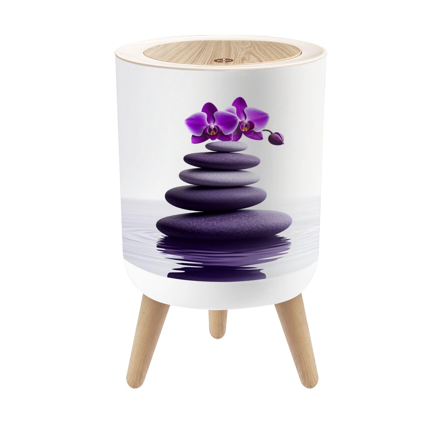 Small Trash Can with Lid Zen Stones Orchid Purple Water Yoga Purple Flowers Smooth 1.8 Gallon Dog Proof Trash Can Round Garbage Can Waste Bin Wastebasket for Bathroom Bedroom Yoga Studio