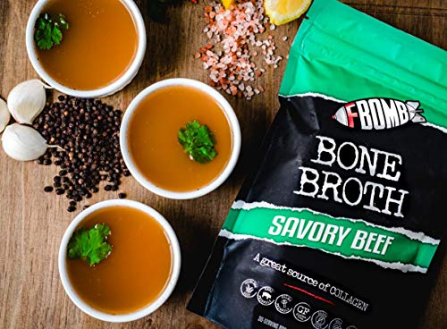FBOMB Beef Bone Broth Protein Powder - 30 Servings: Keto & Paleo Friendly Soup, Fortified with Electrolytes & Collagen | Grass-Fed, Pasture Raised Beef | Dairy-Free, Gluten Free, Non-GMO | Savory