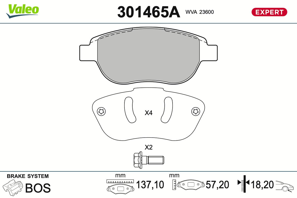 VALEO Imbottiture per freni Expert 301465A, Set di 4 imbottiture, Asse anteriore, Completamente dotato di accessori montati - Certificate ECE-R90
