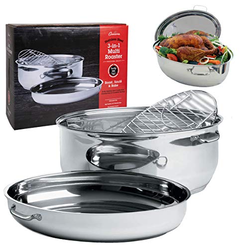 Oval Multi Roaster- 3-in-1 Stock Pot 11 QT Turkey Roasting Pan w Rack and Saute Cookware- Stainless Steel Tri Ply Induction Compatible w Stick Resistant Interior