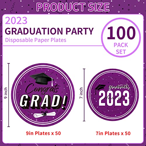 Dylives Purple Graduation Party Plates, Class Of 2023 Disposable 9'' Dinner 7'' Dessert Plates Graduation Party Decorations Graduation Party Supplies Congrats Grad Paper Plates For School, 100 Pack #TOP1