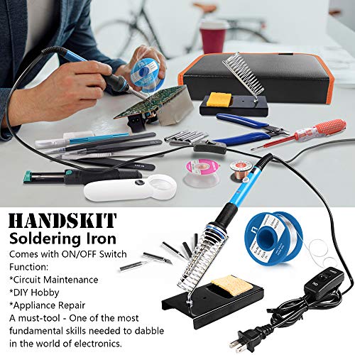 Soldering Iron Kit Electronics, 21-in-1, 60W Adjustable Temperature Soldering Iron, 5pcs Soldering Iron Tips, Soldering Iron Stand, Desoldering Pump, Magnifier, Solder Wire, Tweezer, PU Carry Bag