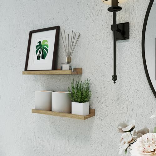Image of Oak Floating Shelves for Wall Decor, 14 in Shelf with Lip Set of 2