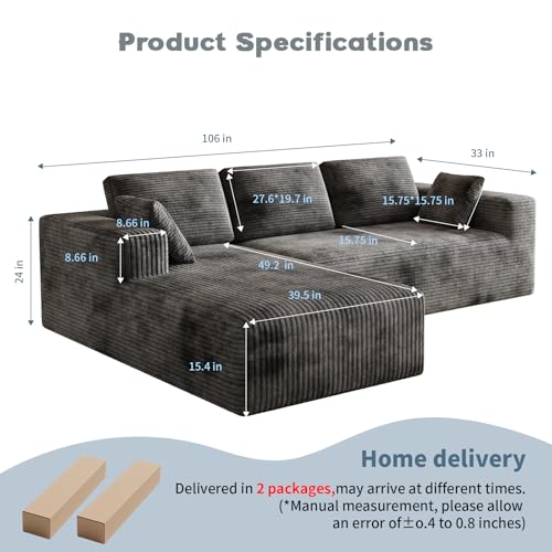 Image of 106 inch Corduroy Sectional Couch, Boneless L Shaped Couch with Deep Seat, Cloud Foam Sofa with Oversized Chaise, Sectional Sofa No Assembly Needed for Living Room