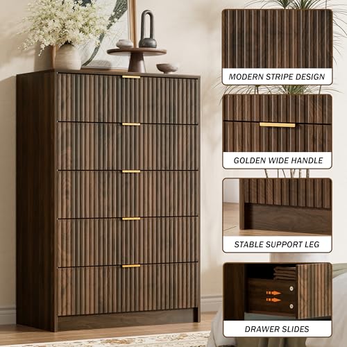 Image of Furniway 3 Piece Bedroom Set, 5 Drawer Dresser and 3-Drawer Nightstand Set of 2 with Gold Handles, Mid-Century Modern Wood Chest of Drawers Storage Cabinet for Bedroom, Walnut