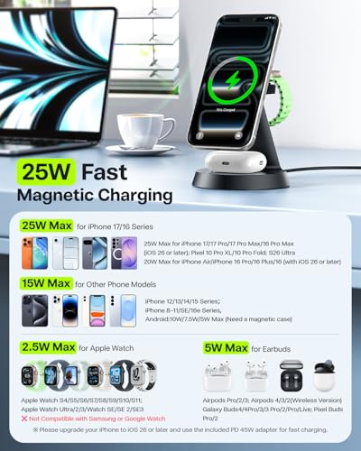 Image of 25W Fast Charging Station Designed for MagSafe Charger for iPhone 17 16 Series, 3 in 1 Magnetic Wireless Charging Stand with 45W Adapter for iWatch & Earbuds, Charger Dock with Heat Dissipation