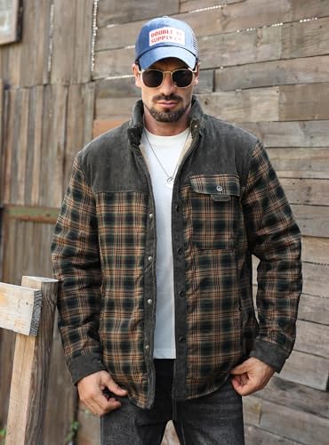 HYPESTFIT Men's Corduroy Plaid Sherpa Lined Flannel Shirt Jacket Fleece Coat2