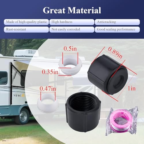 Image of 4 Pcs Black Plastic Low Point Drain Seals /Caps w /Sealing Ring & Teflon Tape | Fits RV, Camper, Travel Trailer 1 /2 Inch Hot & Cold Water Lines, Fit for Pex Pipe /Tubing Fittings, RV Accessories / Fittings