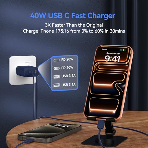 Image of USB C Wall Fast Charger Block, 40W 4-Port Type C Charger Fast Charging Blocks PD Power Charger Adapter+QC 3.0 USB Multiport Charger Brick for Phone 17 /16 /15 /14 /13 /12 Pro Max, Pad, GalaxyS25-Deep Blue