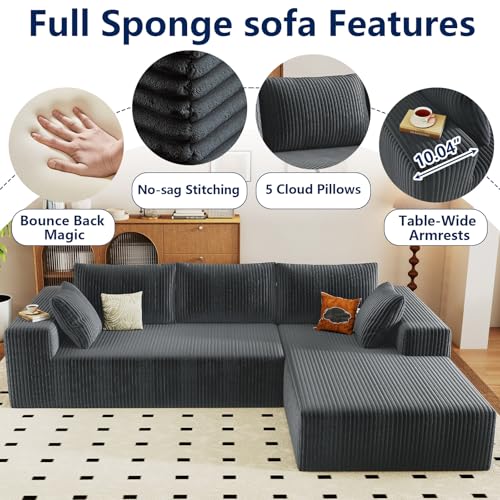 Image of 96 inch Modular Sectional Sofa, Modern Corduroy Cloud Couch with Deep Seat, Boneless Couch Upholstered 3-Seater L-Shaped Sofa for Living Room, No Assembly Required (Dark Grey, Right-Facing Chaise)