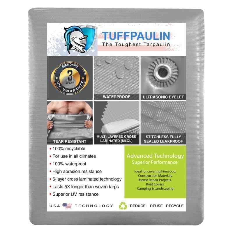 Image of TUFFPAULIN 15FT X 12FT 70 GSM Silver Extra Strong Virgin Tarpaulin Tirpal Tadpatri Tharpai Thadika Mulching Sheet, UV Resistant Eyelets, 100% Waterproof, 6 Layer 3D Rib Technology