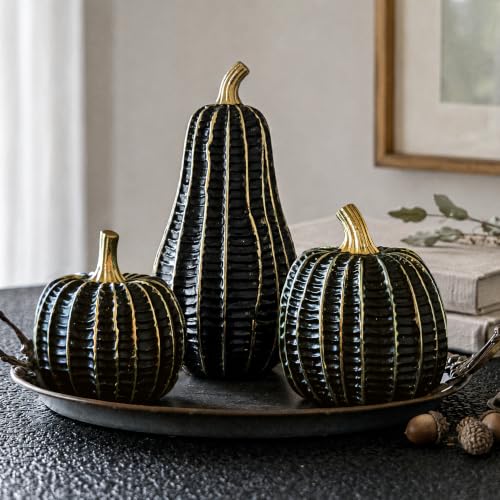 Parsin 3 Pcs Black & Gold Resin Pumpkin Decorations for Halloween and Fall