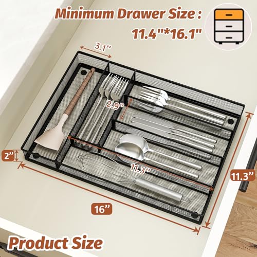Sedegn Drawer Organizer for Silverware, Utensil Storage Divider, Metal Mesh Wire Cutlery Tray Flatware Storage for Kitchen with Non-slip Foam Feet, 5 Compartments, Black - Image 2