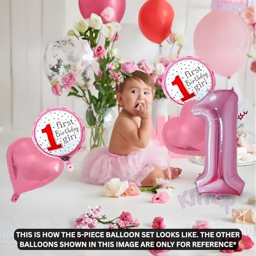 Image of KITTER 5 Pcs 1st Birthday Decoration Set for Girls - 1st Birthday Decor-Foil, Pink