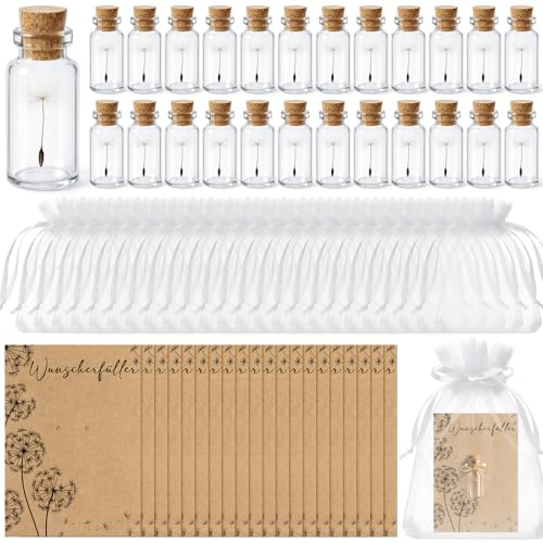 Geiserailie 24 Set Kleiner Wunscherfüller Glücksbringer Konfirmation Pusteblumen im Glas Kleine Aufmerksamkeit Hochzeit Grußkarte Mullbeutel Hanfseil Dankeschön Geschenk Gastgeschenke zu Geburtstag