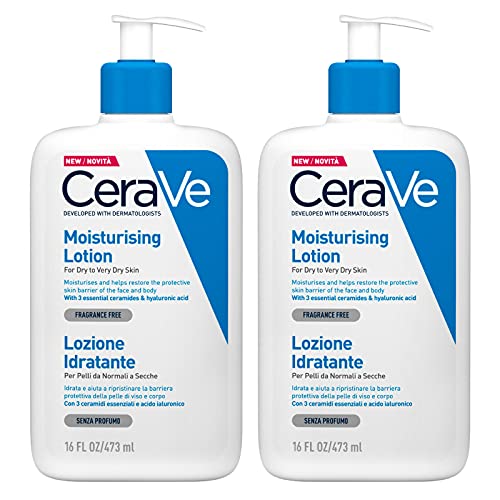 Cerave Loción hidratante para rostro y cuerpo para pieles normales y secas con 3 ceramidas esenciales y ácido hialurónico – 2 botellas de 473 ml cada uno