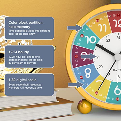 WMLBK Alarm Clock, Kids Alarm Clock, Children's Alarm Clock, Silent Non Ticking Analog Alarm Clock with Night Light, Children's Digital Learning Clock for Boys Girls Bedroom Desk Bedside (Yellow) - Image 4