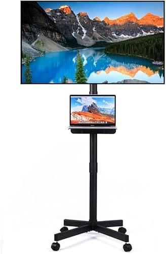 Soporte de TV móvil con ruedas, altura ajustable inclinable, soporte de TV con estante multimedia para televisores LED, LCD, OLED planos y curvos de