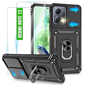 for Redmi Note 12 Case/Poco X5 with 2 HD Screen Protector & Slide Camera Cover, 360° Rotation Ring Kickstand [Military Grade] Case for Xiaomi Redmi Note 12/Poco X5 5G, Black