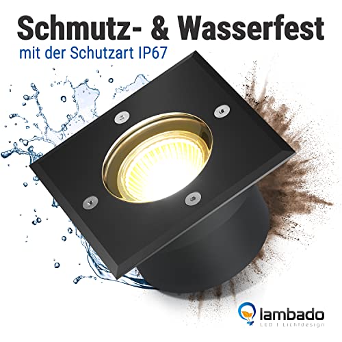 lambado® LED Bodenstrahler für Außen - extra flach, befahrbar & wasserdicht inkl. 5W Strahler warmweiss dimmbar - Schwarz eckige Bodenleuchte/Bodeneinbaustrahler IP67 für Terrasse & Garten