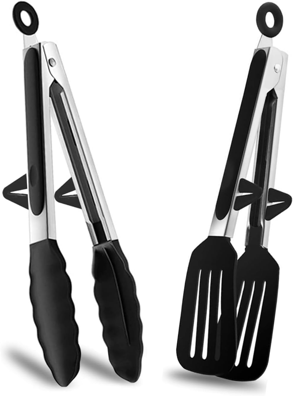 Kitchen Silicone Tongs with Resting Gadget, 9 inch Set of 2 Stainless Steel Non-Slip Handle for Baking, Frying, Steak, Serving, Buffet, BBQ, Salad
