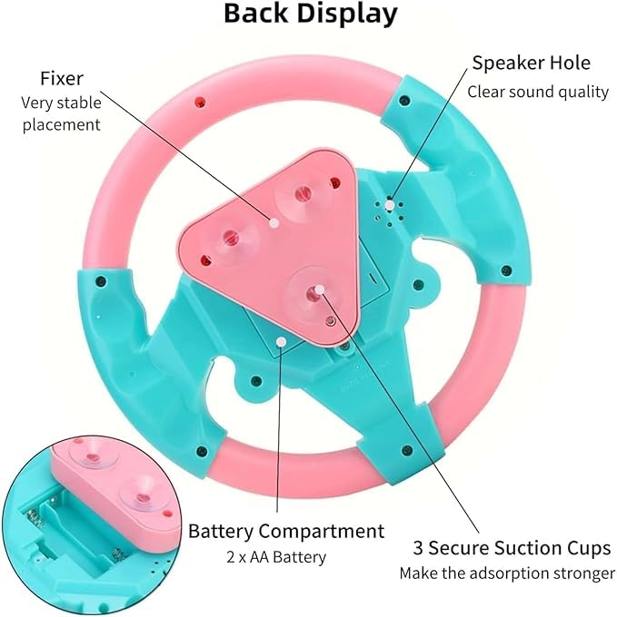 Image of Kids Driving Steering Wheel Funny Interactive Driving Wheel with Music (Pink Blue)