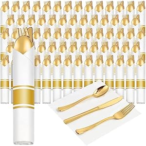 Mifoci 200 Pack 800 Pcs Pre Rolled Plastic Cutlery Set Bulk Disposable Silverware Set with 200 Forks, 200 Knives, 200 Spoons, 200 Napkins Flatware Set for Dinner Wedding Party Baby Shower(Gold)