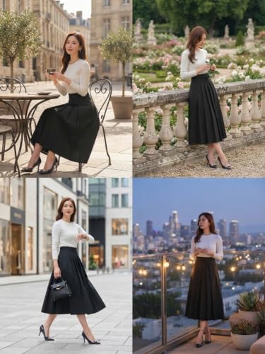 Image of GRECIILOOKS Elegant High Waisted Pleated Midi Skirt for Women, A Line Polyblend Fabric Flared Skirt with Back Zipper, Ideal for Office, Casual and Formal