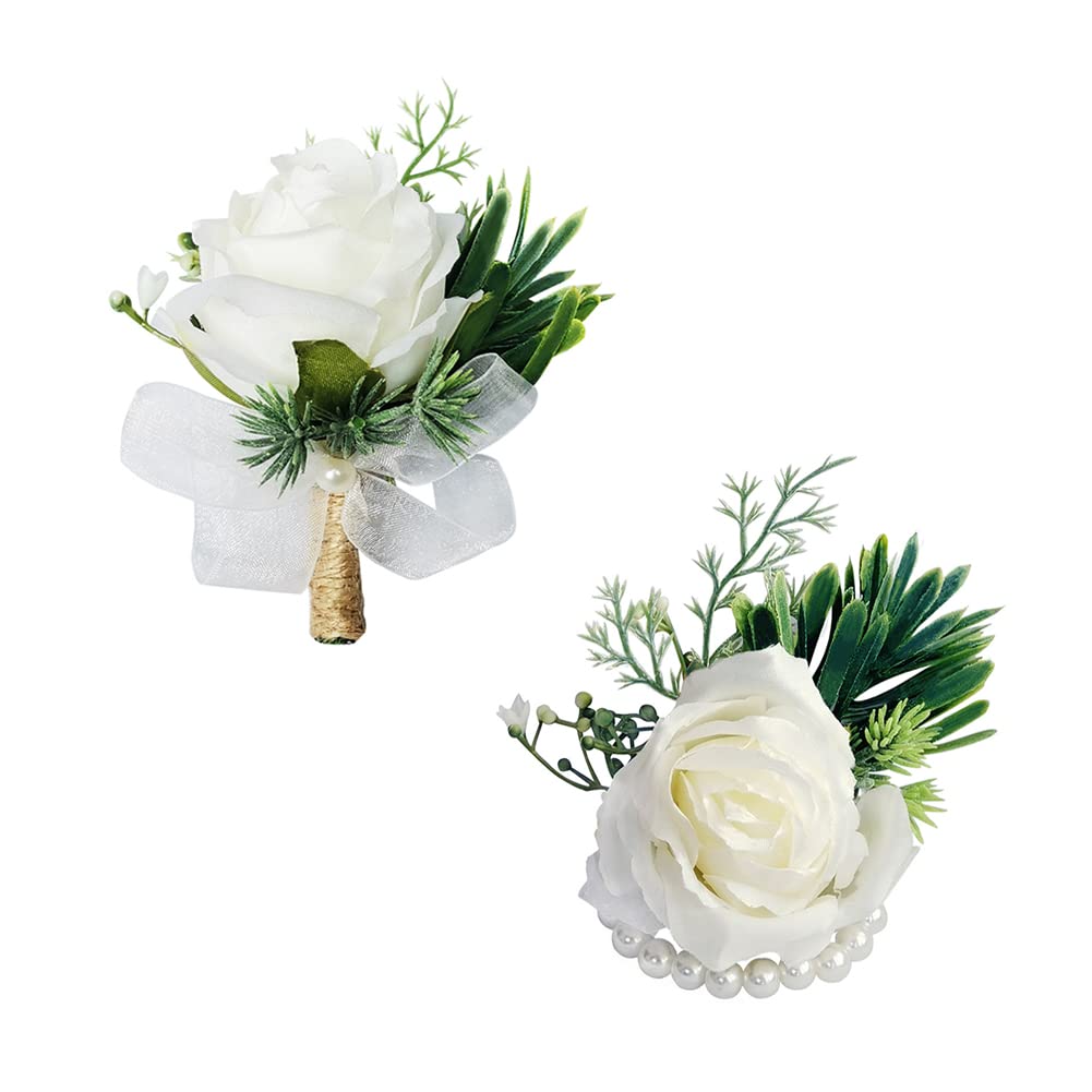 Eamve Lot De 2 Parures De Mariage – Boutonnière + Corsage De Poignet – Rose Artificielle Noire – Fleur En Soie Avec Ruban Et Clip