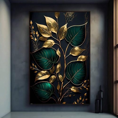 Toile feuilles vertes dorées 50x70 cm affiche artistique pour habiller un mur vide