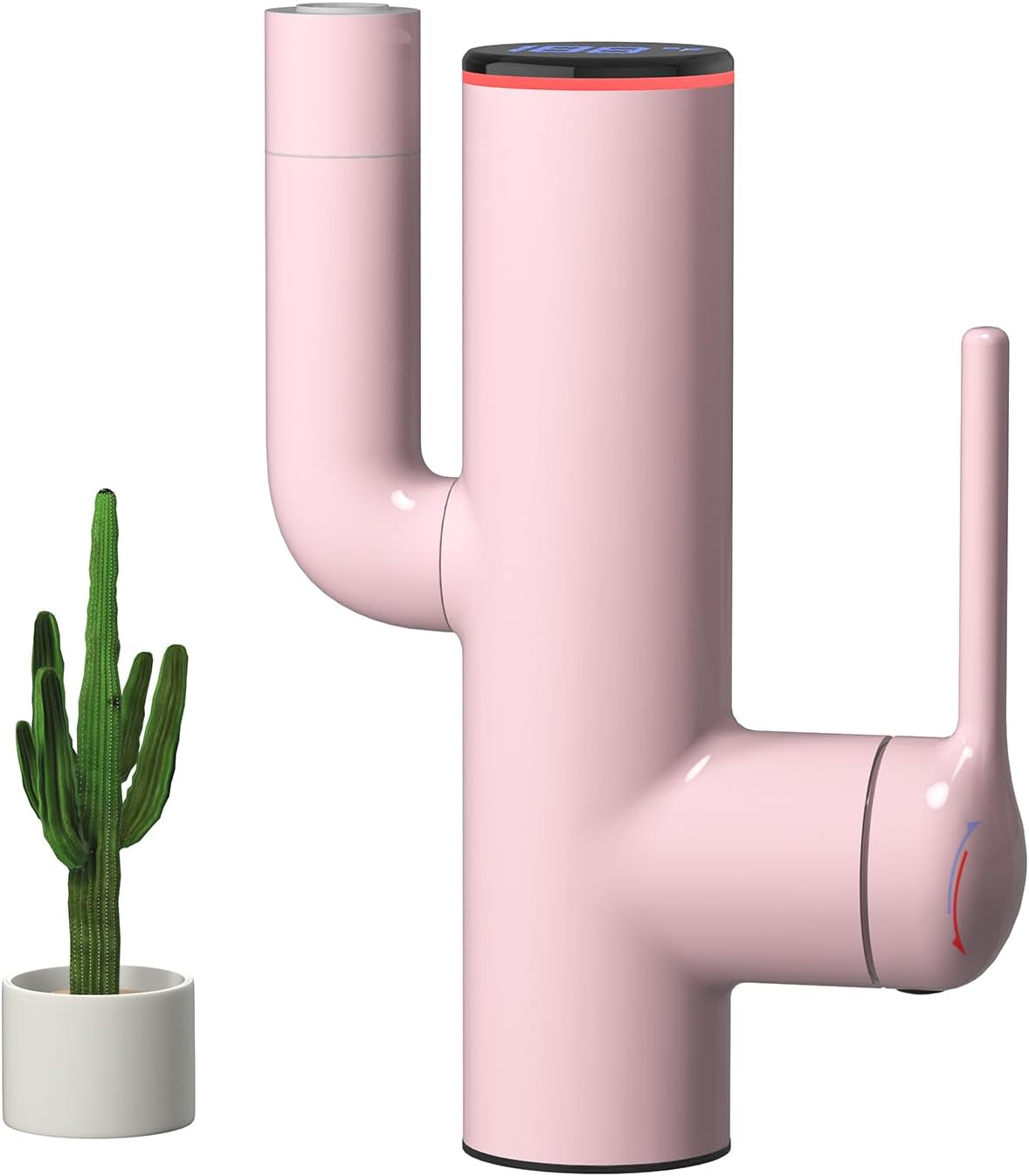 Bathroom Sink Faucet, Cactus-Shaped, Single Hole with Water-Powered 3Colors LED Temperature Display and Adjustable Outlet, 2 Water Flow Modes with Supply Hoses, No Battery, Pink