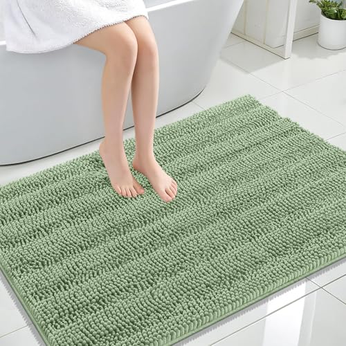 Image of OLANLY Thick Large Bathroom Rugs 44x32, Extra Soft Absorbent Chenille Striped Bath Rugs, Rubber Backing, Machine Wash, Bath Mats for Bathroom Floor, Tub and Shower, Home Decor Accessories, Sage Green