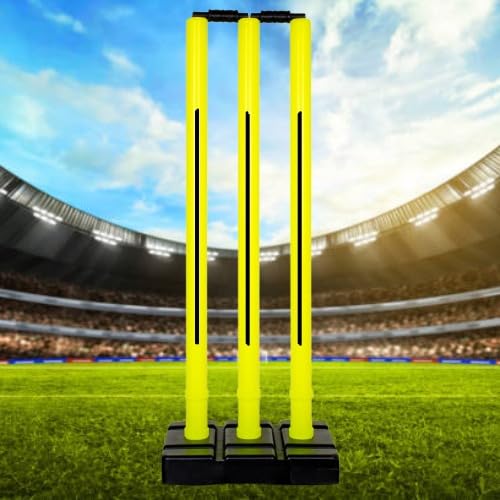 Image of Bodyfit Heavy Cricket Stumps | PVC Wickets Set with 4 Stumps + 2 Bails + 2 Stands | Full Size Wickets for Cricket Ground, Tournament Wicket. (Yellow-Black)