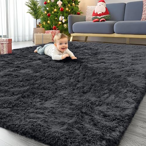 OLANLY 6x9 Machine Washable Large Area Rugs for Living Room, Bedroom, Soft Fluffy Shaggy Bedside Rug, Indoor Floor Carpet for Kids Girls and Boys, Dorms, Nursery, Home Decor Aesthetic, Black