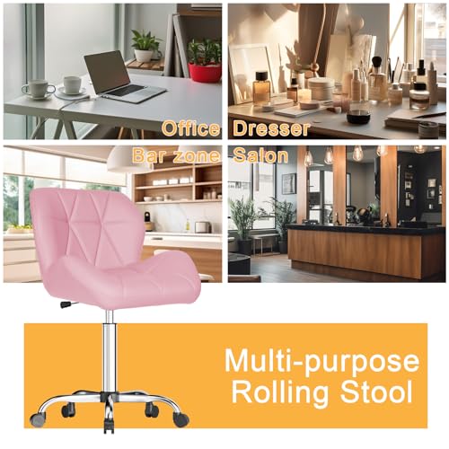 bigzzia Desk Chair, Armless Barstool on Wheels, Height Adjustable from 47-62cm, Pu Leather Coated, 360° Swivel Desk Chair for Office Kitchen, and Beauty Salon, Pink